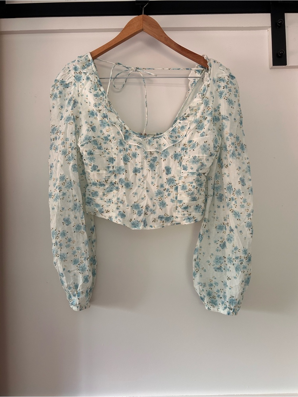 Free People Pale Blue Floral Tie-Back Long Sleeve Crop Top